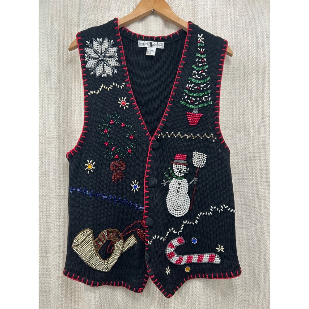 Vintage OHI Womens S Christmas Sweater Beaded Vest Ugly Sweater Grandmacore